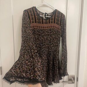 Whimsigoth Flare Boho Ecote Black and Brown Patterned Mini Dress